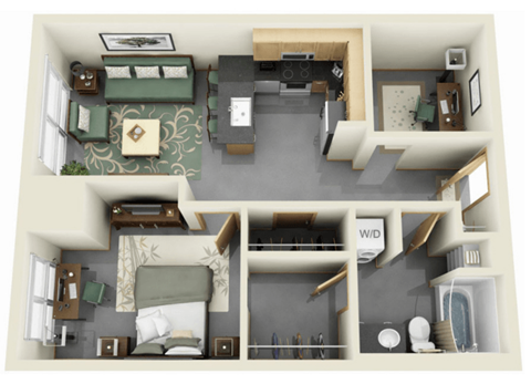 Floor plan for 1 bed, 1 bath, 749 sqft